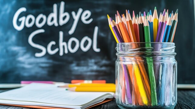 Bright colored pencils in a jar beside a chalkboard announcing farewell to school