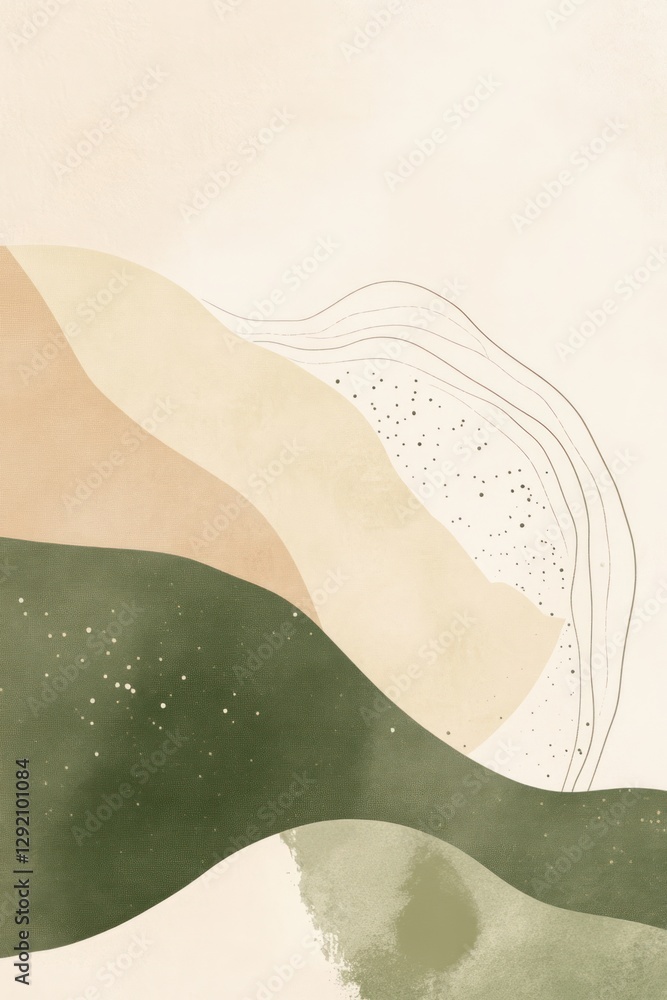 Poster abstract composition with flowing green and beige shapes, sprinkled with delicate dots and lines. mi