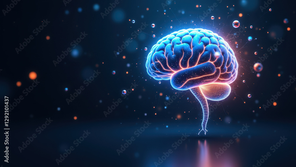 Poster futuristic digital representation of artificial general intelligence with glowing neurons and partic