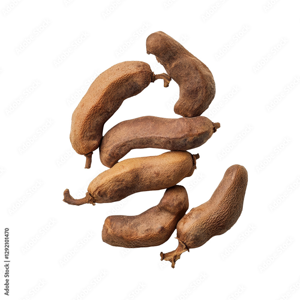 Poster tamarind fruits arranged on a transparent background highlighting their unique shapes and textures, 