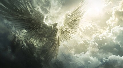 Powerful angel spreading its wings in cloudy sky