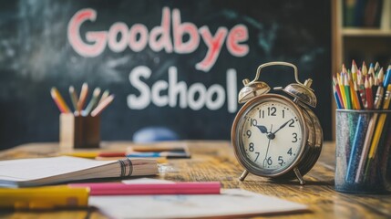 End of school year celebration with goodbye message written on chalkboard