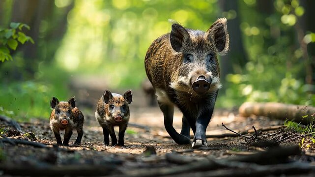 wild boar with children in the forest