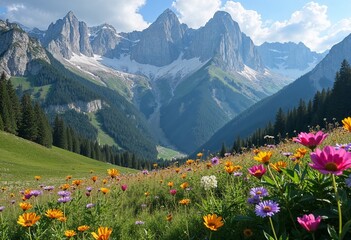 Fototapeta premium Colorful wildflowers blooming in a green meadow with majestic mountains in the background
