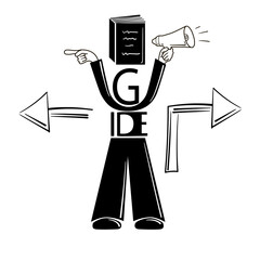 Travel guide. The man is depicted as the word "guide", with one hand holding a megaphone, the other showing where to go, and instead of a head, a book that shows the way. Vector illustration in black