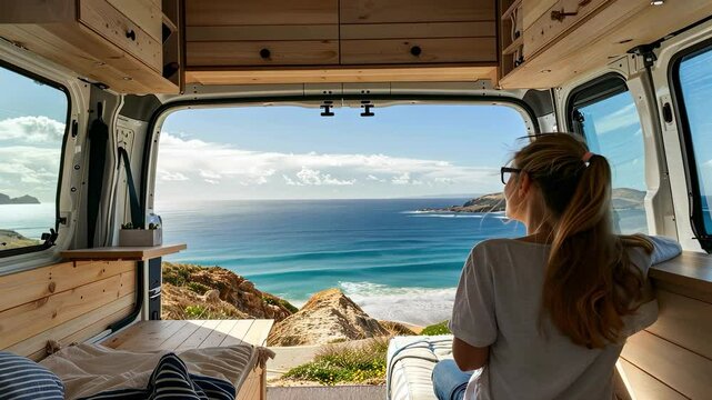 a woman in a motorhome on the background of the sea