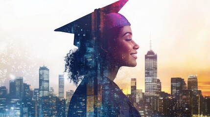 Celebrating educational achievements with city skyline in the background at sunset