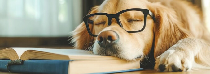 golden retriever sleeping on a book, AI generated