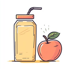 Apple juice bottle, straw, fruit, healthy drink, white background, for advertising