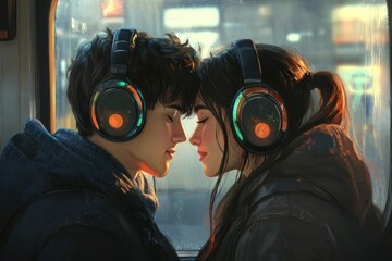 A young couple, wearing headphones, share a tender moment on a public transport.