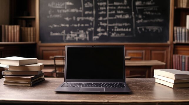 A laptop sits on a wooden desk surrounded by stacks of books in a classroom