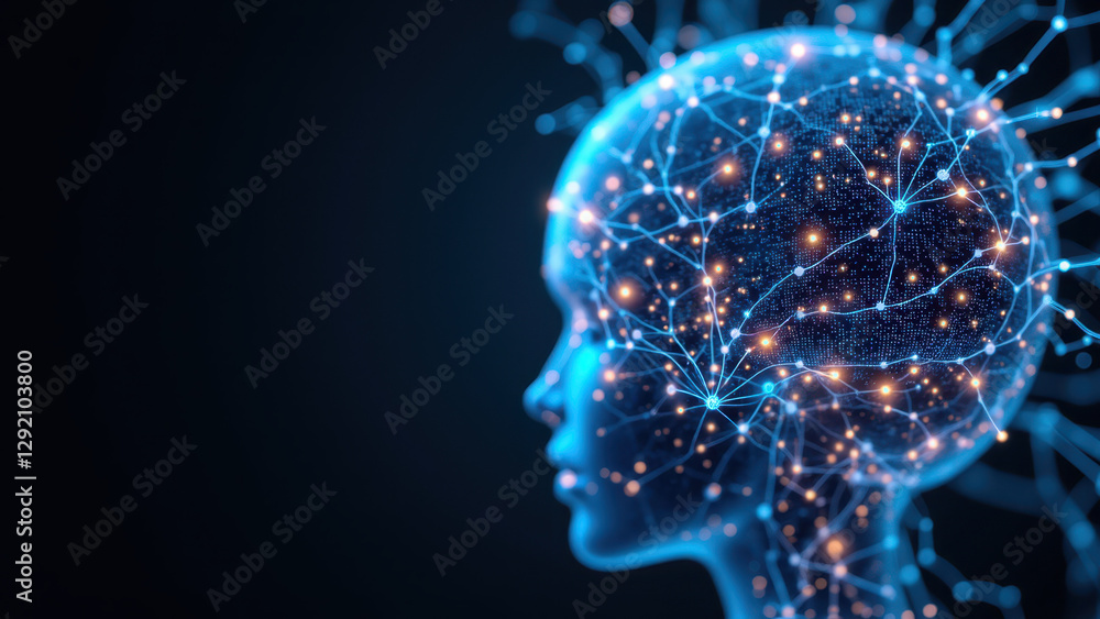 Poster a 3d illustration of a human head with artificial neural networks representing ai or brain connectiv