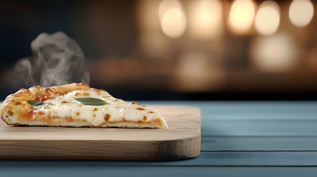 Fresh margherita pizza with melted mozzarella and basil leaves on wood plate against blur background. Elegant Italian cuisine. Traditional homemade food. Restaurant menus, food delivery. Horizontal