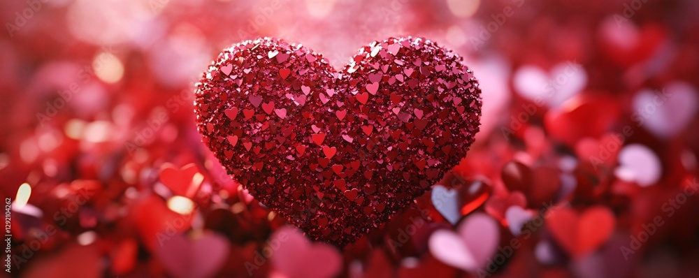 Poster big heart made of small hearts floating on red background