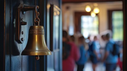 School bell signaling the end of the day with students leaving a classroom