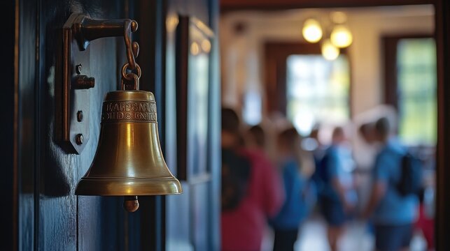 School bell signaling the end of the day with students leaving a classroom