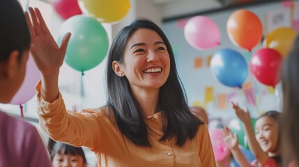 Fototapeta premium Celebration of learning at a vibrant end-of-school event with cheerful students and balloons