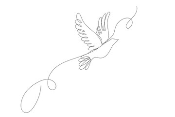 One Continuous Dove Bird Line Art. Editable Doodle Sketch Stroke Peace and Fredon Symbol Silhouette. Flying on Wings Natural Holy Mascot Symbol Drawn