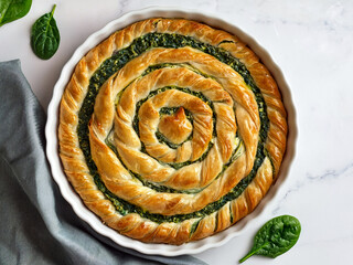 Vegan spanakopita – Greek spinach pie round, top view white marble table