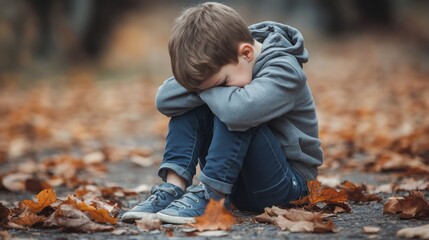 A boy is sitting on the road covered with yellow leaves, crying with his head lowered, showing a moment of sadness and distress.