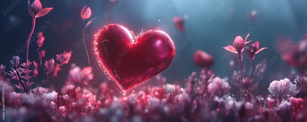 Poster big red heart floating over a field of flowers in a magical forest