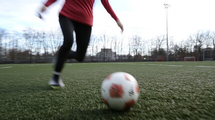 Naklejka premium Woman Soccer Player Kicking Ball on Field