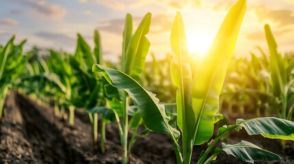 Fototapeta premium Young plants grow in row at field; sunset in background for agriculture/healthy food use