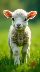 Obraz premium A cute lamb on the green grass.