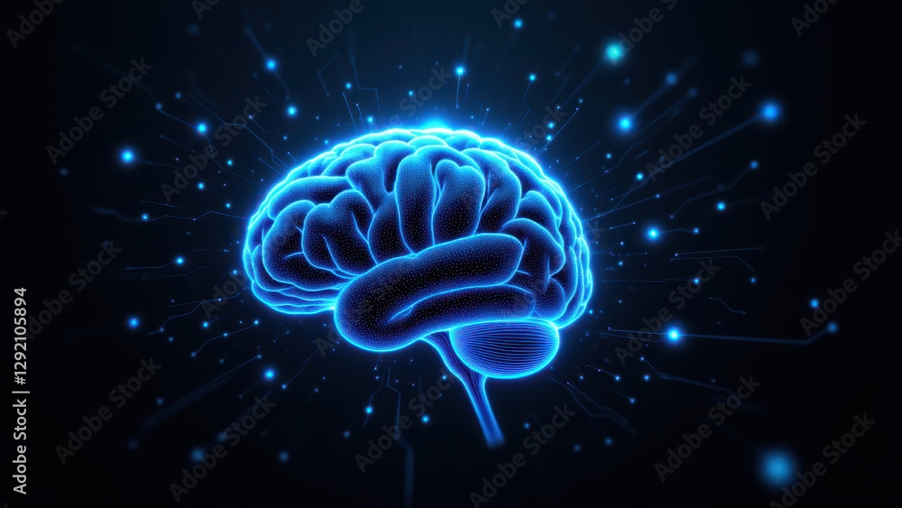Poster brain with glowing lines and dots, representing artificial general intelligence or cognitive functio