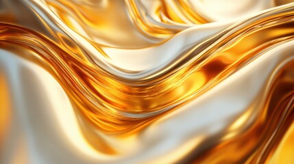 Gold fabric waves. Golden material flowing. Shiny cloth background. Metal texture folds. Abstract silk pattern. Smooth surface close up. Liquid gold waves