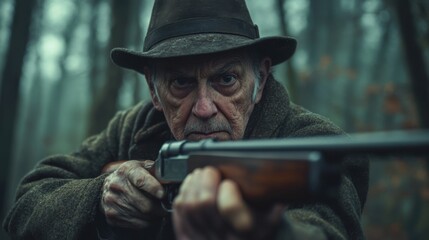 Fototapeta premium Old hunter aims rifle. Man in hat hunts in forest. Serious expression. Focus and determined. Dangerous man aims gun.