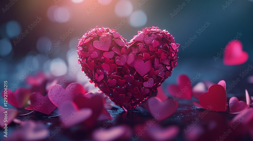 Poster big heart surrounded by small hearts floating on dark background