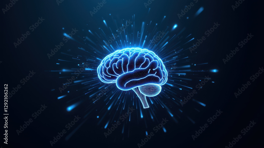 Poster a representation of artificial general intelligence with a glowing brain symbol.