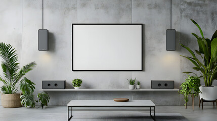 A mockup of an empty white frame on the wall in a modern living room

