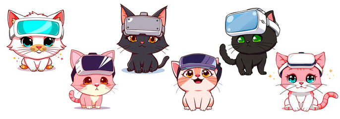 Fototapeta premium Set of cartoon cats wearing futuristic virtual reality headsets on white background, adorable digital illustration of kittens wearing virtual reality glasses, technology and gaming concept