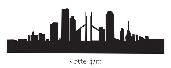 Naklejka premium A city skyline with the word ROTTERDAM written below it. The skyline is black and white. Flat vector illustration isolated on transparent background