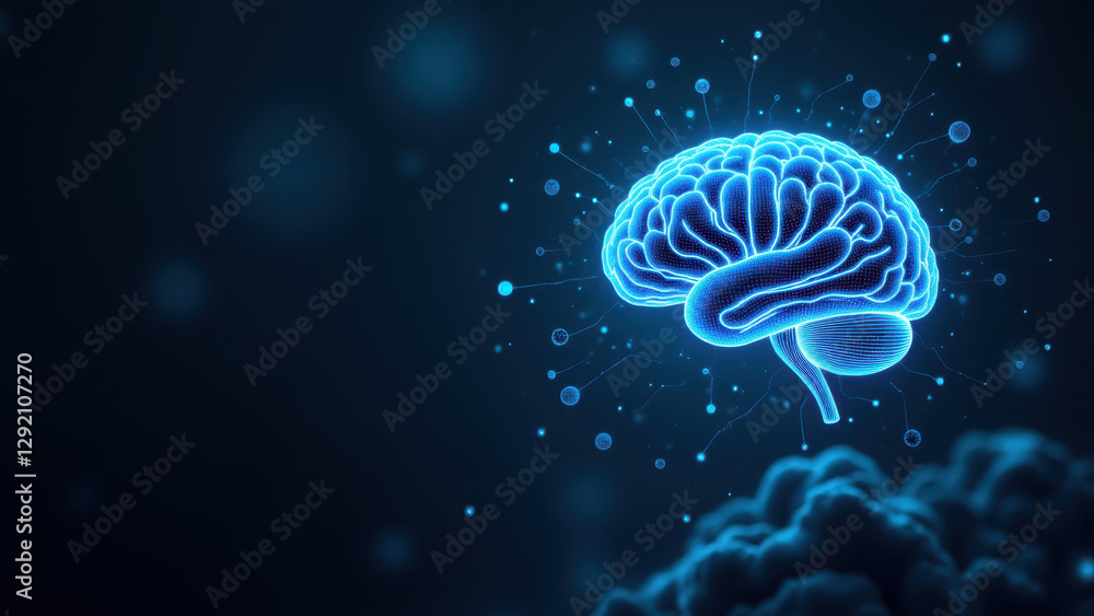 Aufkleber a glowing brain with blue sparkles on a dark background representing artificial intelligence or ai.