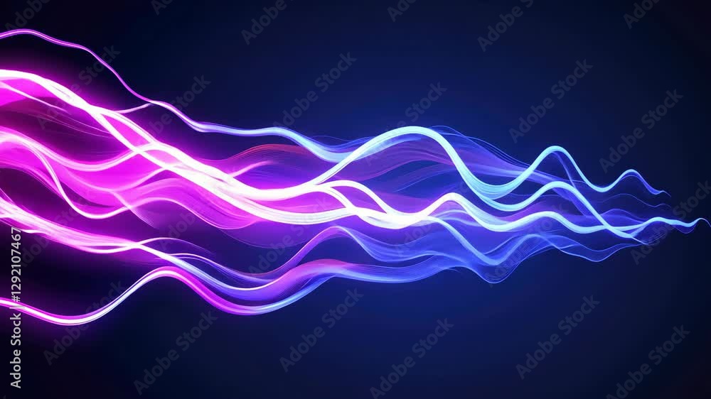 Poster dynamic neon light waves pink and blue flow against dark background, creating vibrant and energetic 