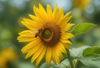 Obraz premium Bright sunflower attracting a busy bee in a vibrant field