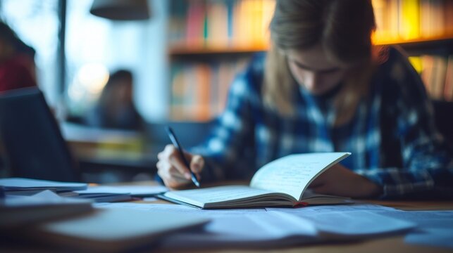 Young woman studying in library cafe