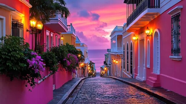 Colorful street at sunrise in Old San Juan, Puerto Rico, for travel or tourism