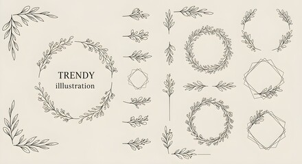 A collection of trendy, hand-drawn floral wreaths and decorative elements in black and white, perfect for various design projects.