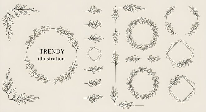 A collection of trendy, hand-drawn floral wreaths and decorative elements in black and white, perfect for various design projects.