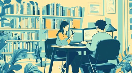 illustration of two people working together in home office surrounded by books and plants. collaborative workspace, remote work concept. print design, illustration.