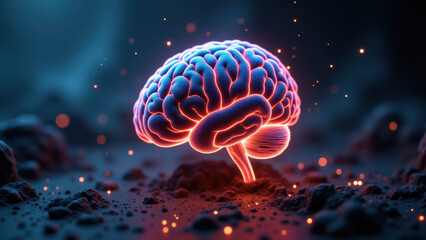 An artistic representation of artificial general intelligence with a glowing brain surrounded by sparks and floating particles.
