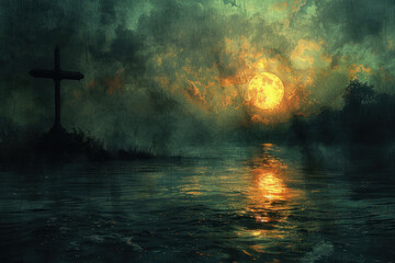 a mystical scene with a dark atmosphere: a large, almost full moon shines through thick clouds, painting the sky in dark green and golden shades.  