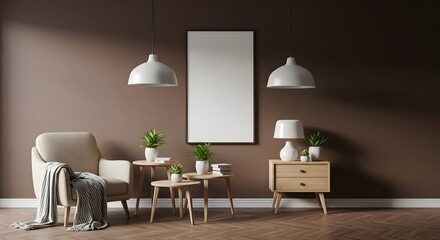 A cozy living space featuring a comfortable armchair, stylish lamps, and decorative plants against a warm brown backdrop.