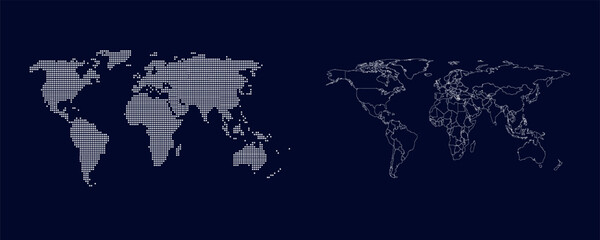 Minimalist Digital World Map – Dotted and Outline Design on Dark Background