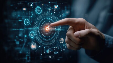 Hand touching gear interface, Hand pointing to glowing gear symbol, representing technology.