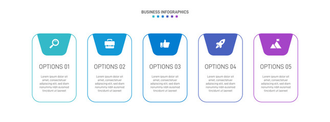 Horizontal progress bar featuring 5 arrow-shaped elements, symbolizing the five stages of business strategy and progression. Clean timeline infographic design template. Vector for presentation